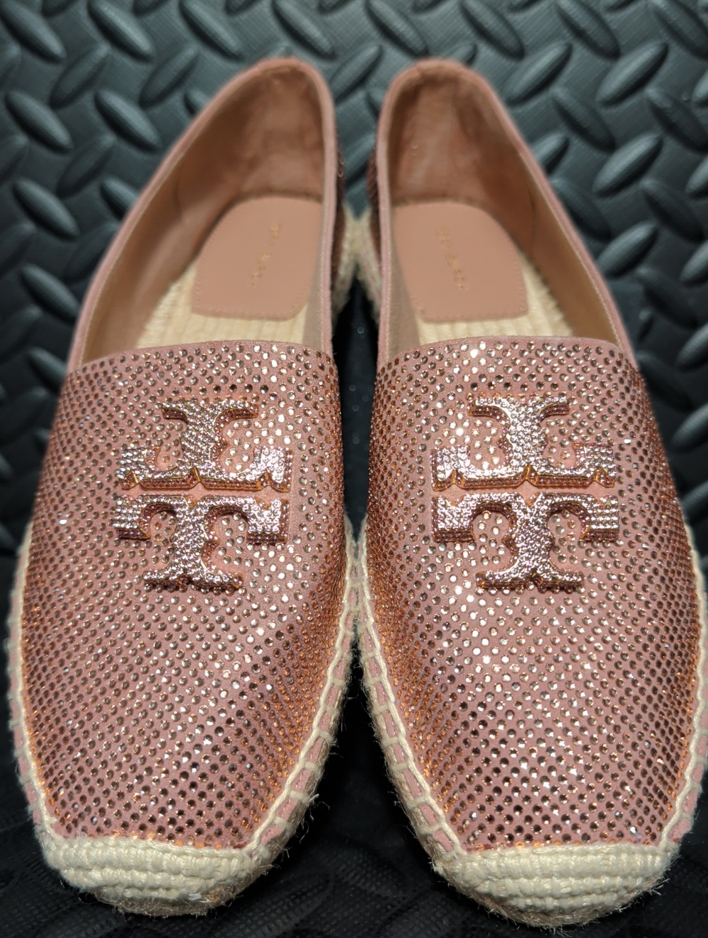 Tory Burch Everly embellished suede upper espadrille shoes rose gold size 8